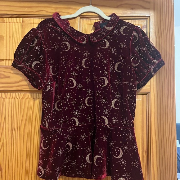Collectif Crescents and Crimson Velvet Peplum Top - Picture 2 of 4